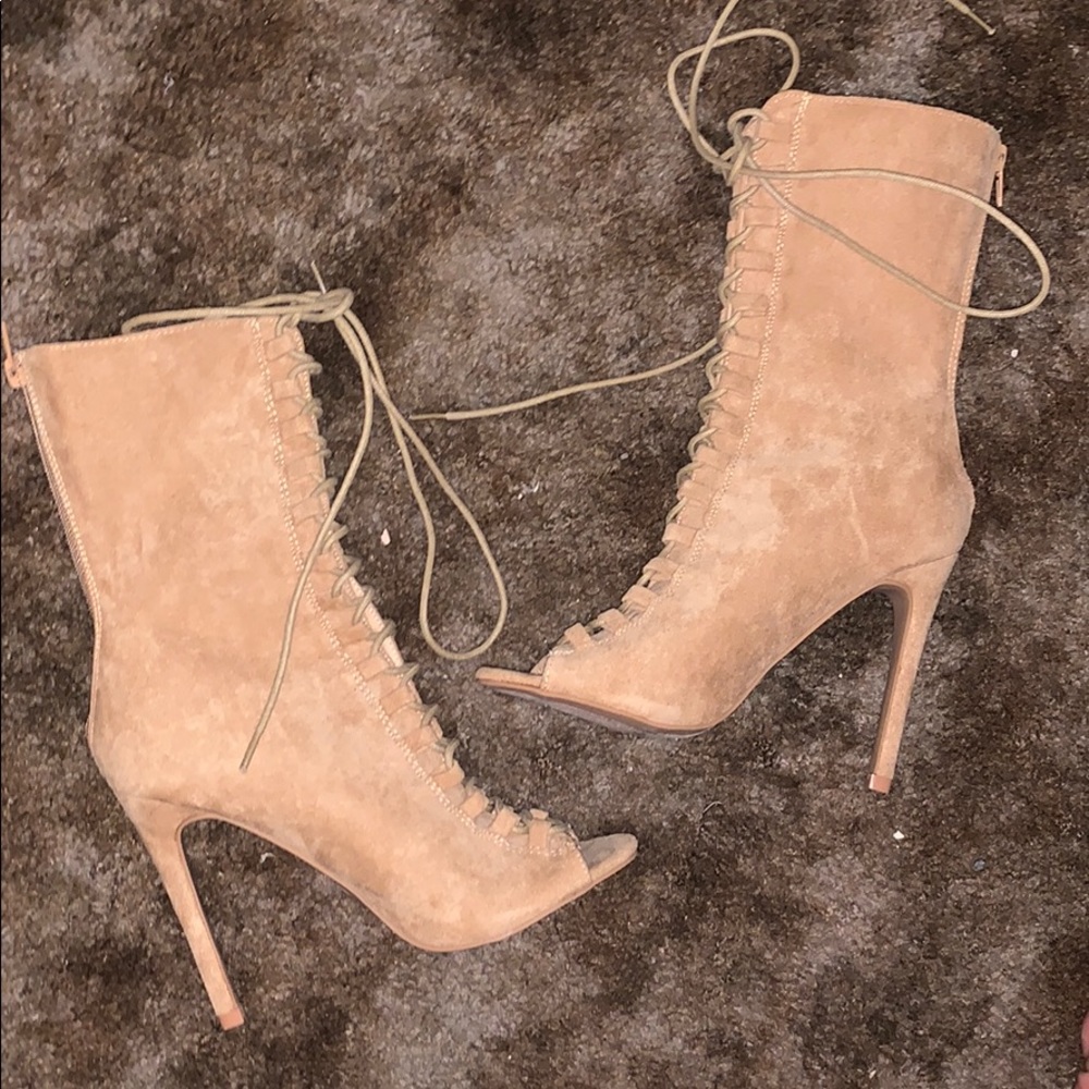 Nude faux suede lace up booties